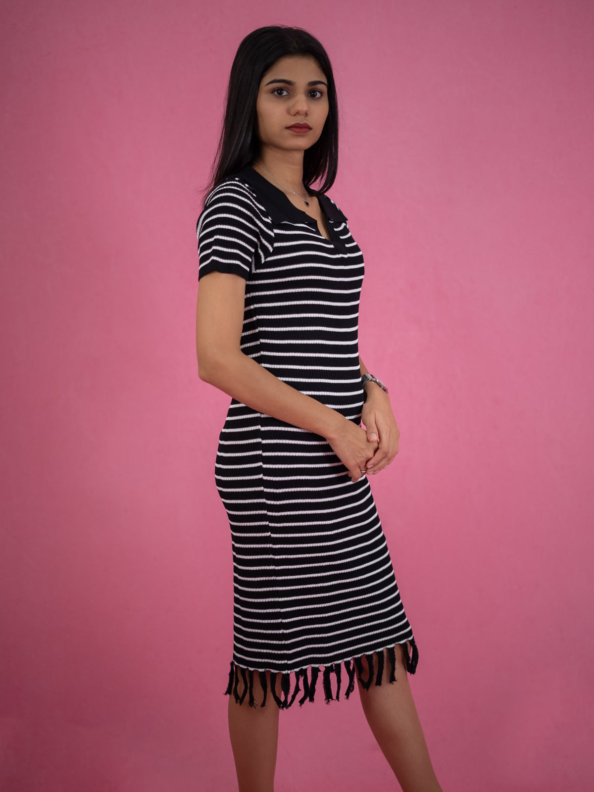 Women Striped Tassel Pullover Knit Dress, black casual dress with stripe and collar 