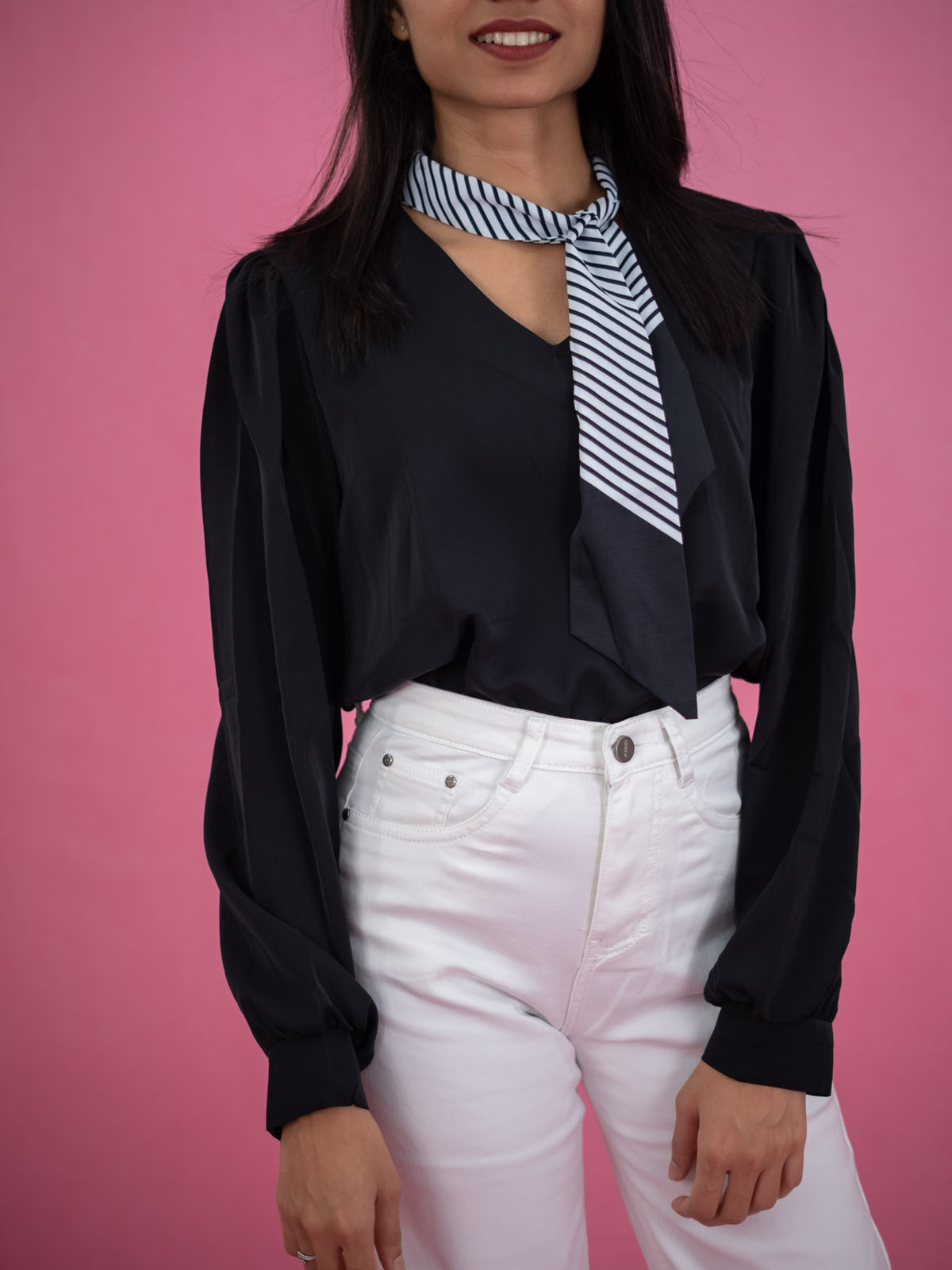 Women Long Sleeve Top With Attached Collar Tie, formal and casual shirt black