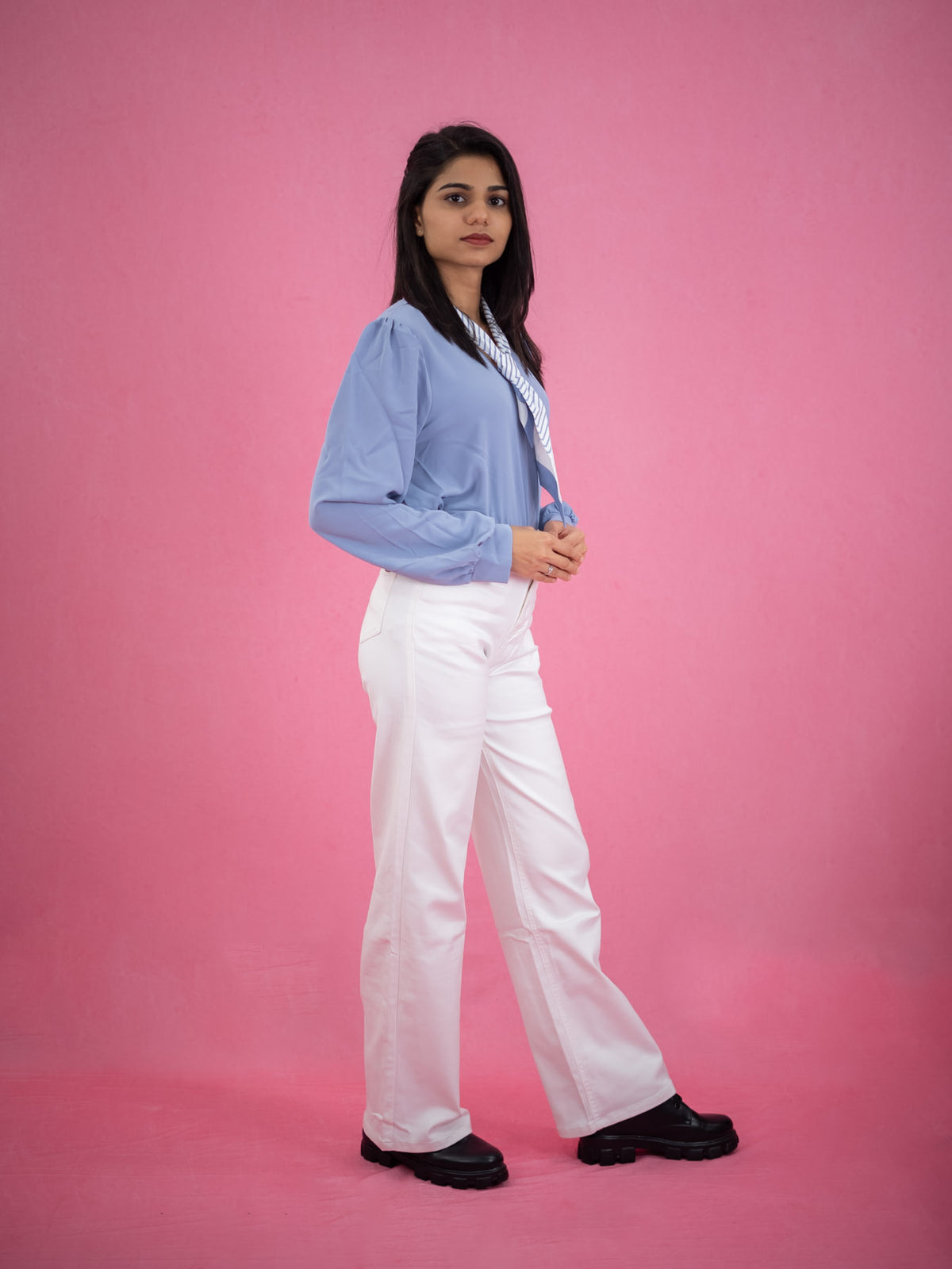 Women Long Sleeve Top With Attached Collar Tie, formal and casual shirt blue