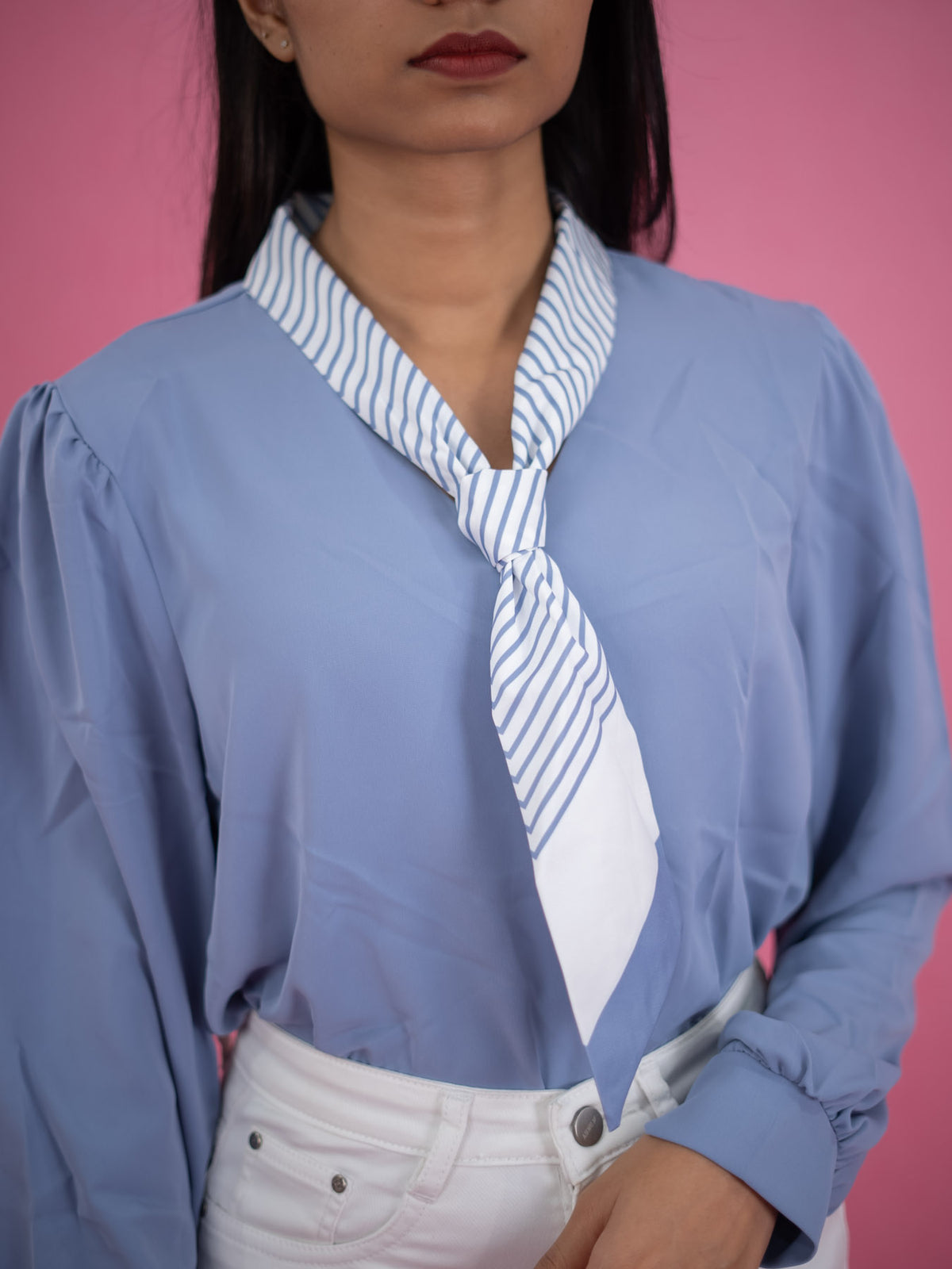 Women Long Sleeve Top With Attached Collar Tie, formal and casual shirt blue