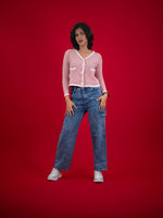 Women Knitted Top With Casual Button & Cardigan Pocket, women casual knitted pink top