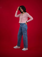 Women Knitted Top With Casual Button & Cardigan Pocket, women casual knitted pink top