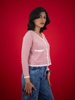 Women Knitted Top With Casual Button & Cardigan Pocket, women casual knitted pink top