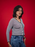 Women Knitted Top With Casual Button & Cardigan Pocket, women casual knitted black and white top