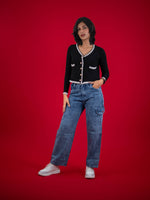 Women Knitted Top With Casual Button & Cardigan Pocket, women casual knitted black and white top