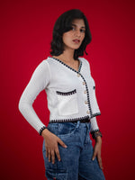 Women Knitted Top With Casual Button & Cardigan Pocket, women casual knitted white top