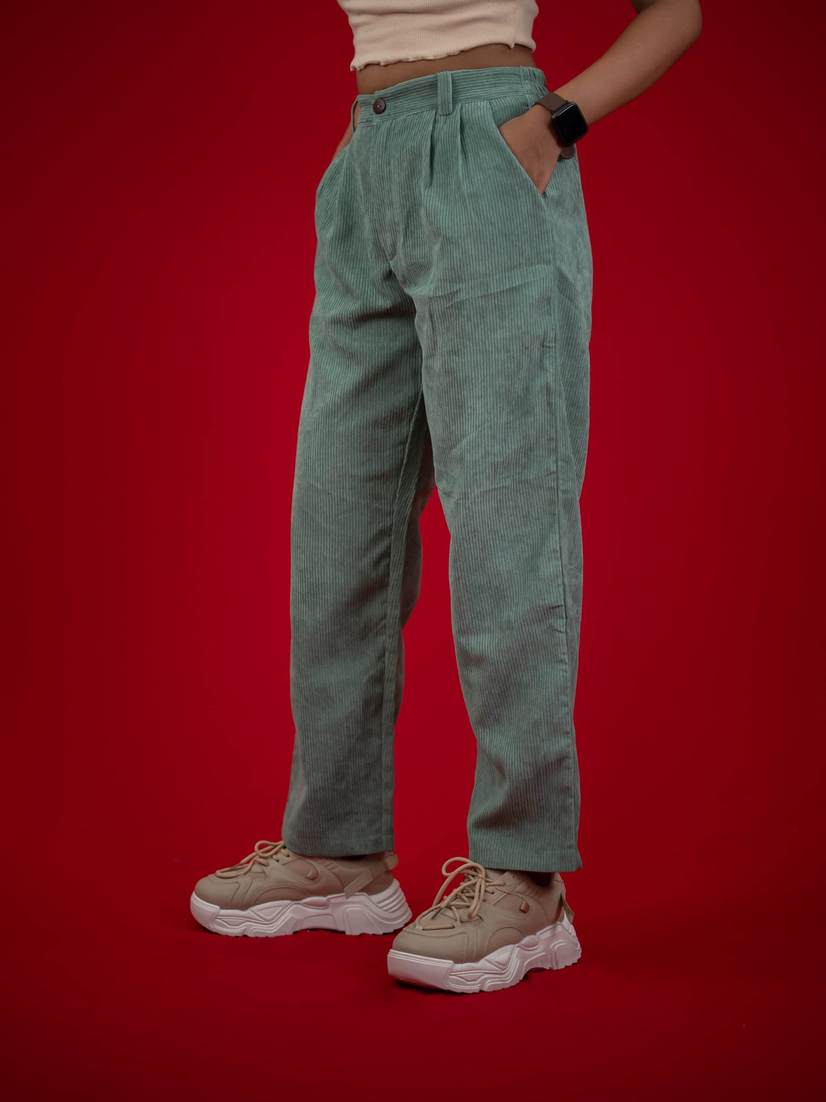 Women Corduroy Pant With Pleat and Side Pocket, Green corduroy pant for women