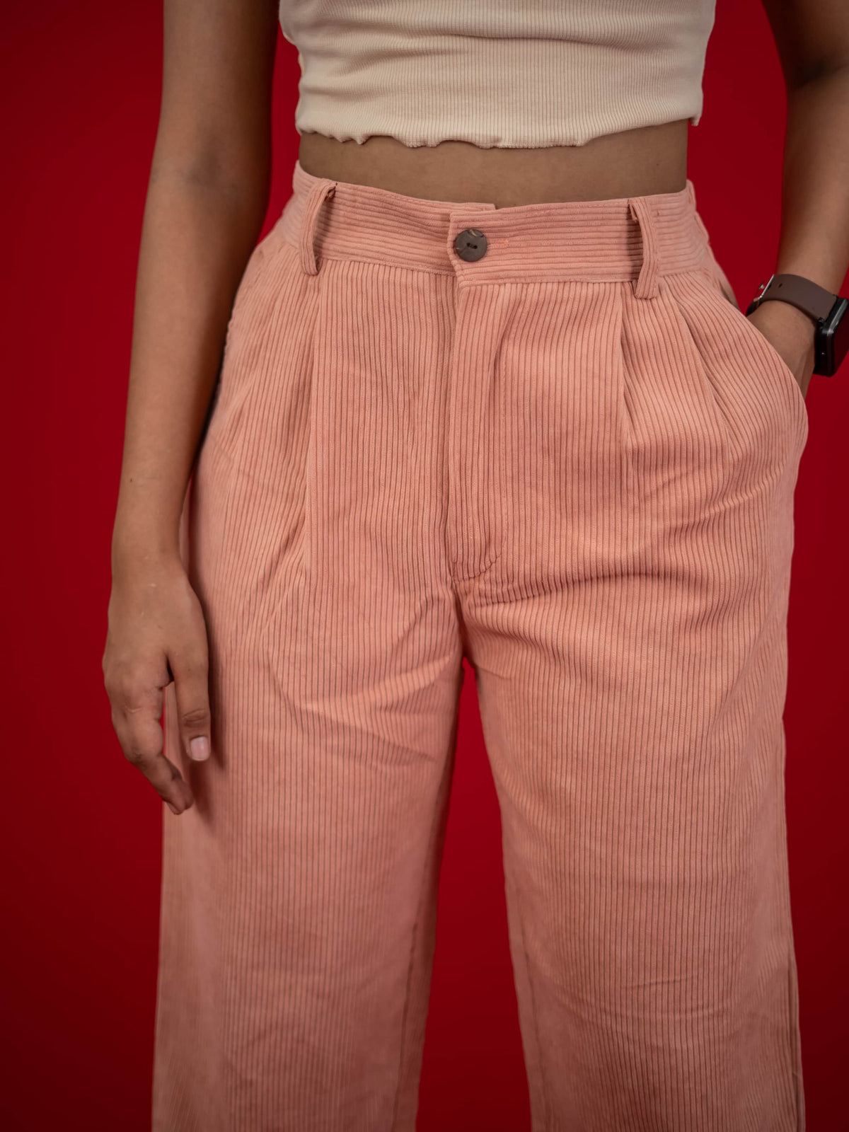 Women Corduroy Pant With Pleat and Side Pocket, Peach corduroy pant for women