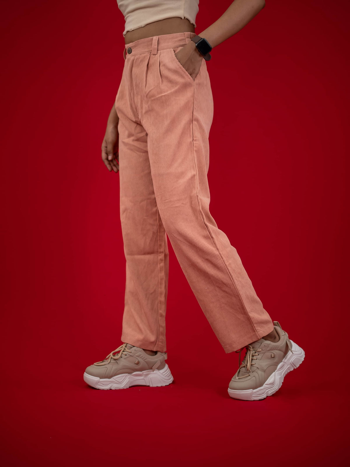 Women Corduroy Pant With Pleat and Side Pocket, Peach corduroy pant for women