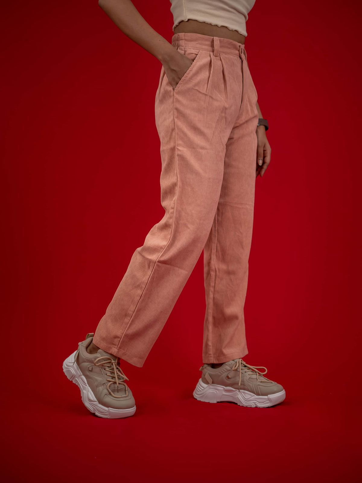 Women Corduroy Pant With Pleat and Side Pocket, Peach corduroy pant for women