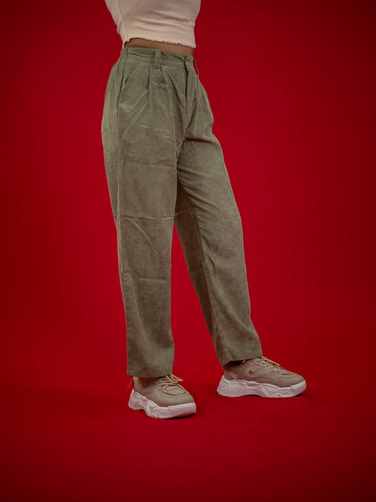 Women Corduroy Pant With Pleat and Side Pocket, Olive Green corduroy pant for women