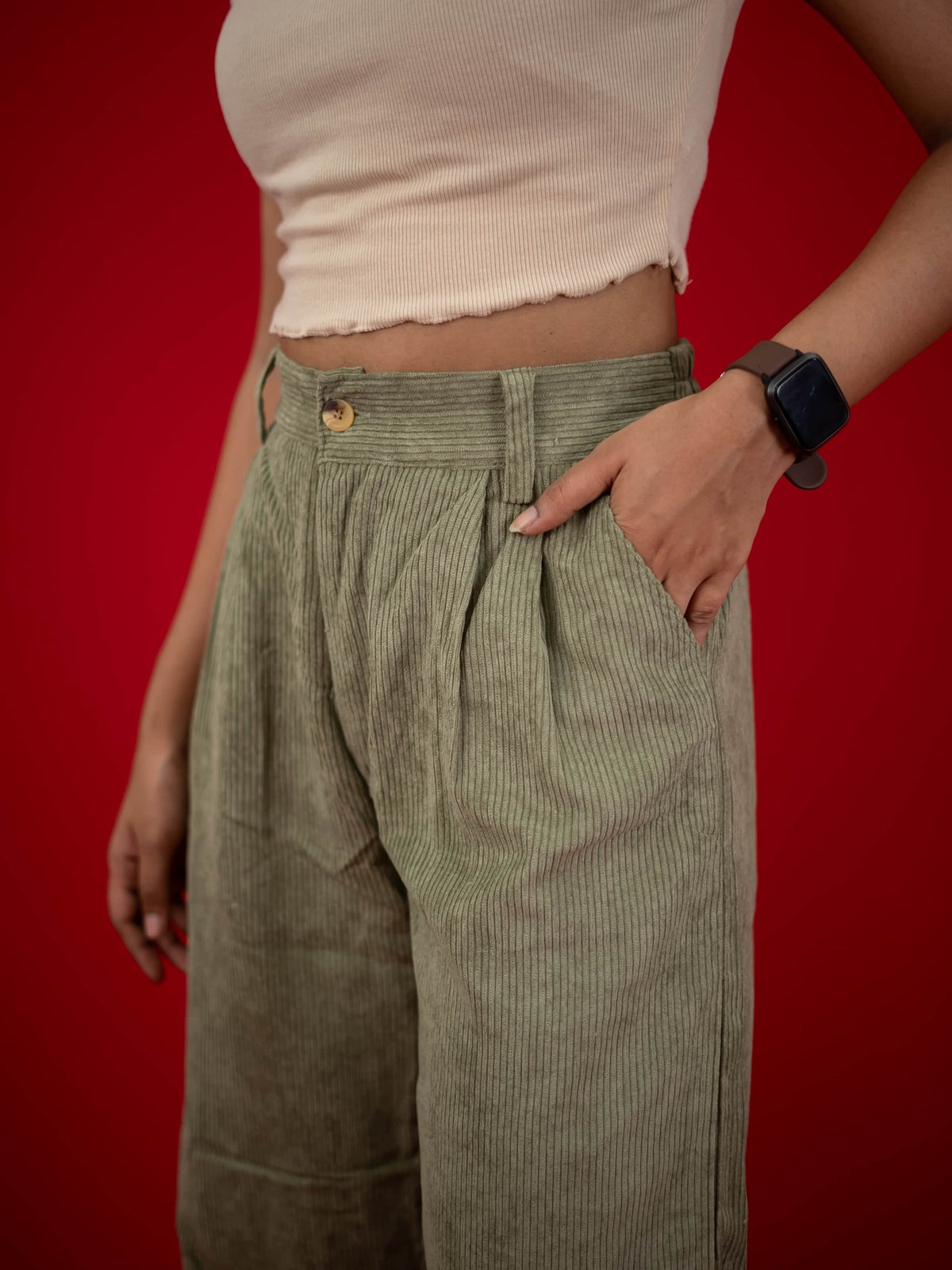 Women Corduroy Pant With Pleat and Side Pocket, Olive Green corduroy pant for women