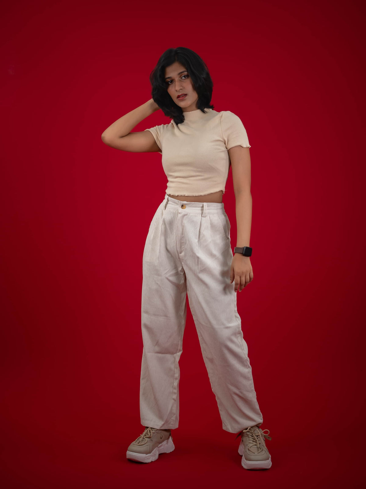 Women Corduroy Pant With Pleat and Side Pocket, Cream corduroy pant for women