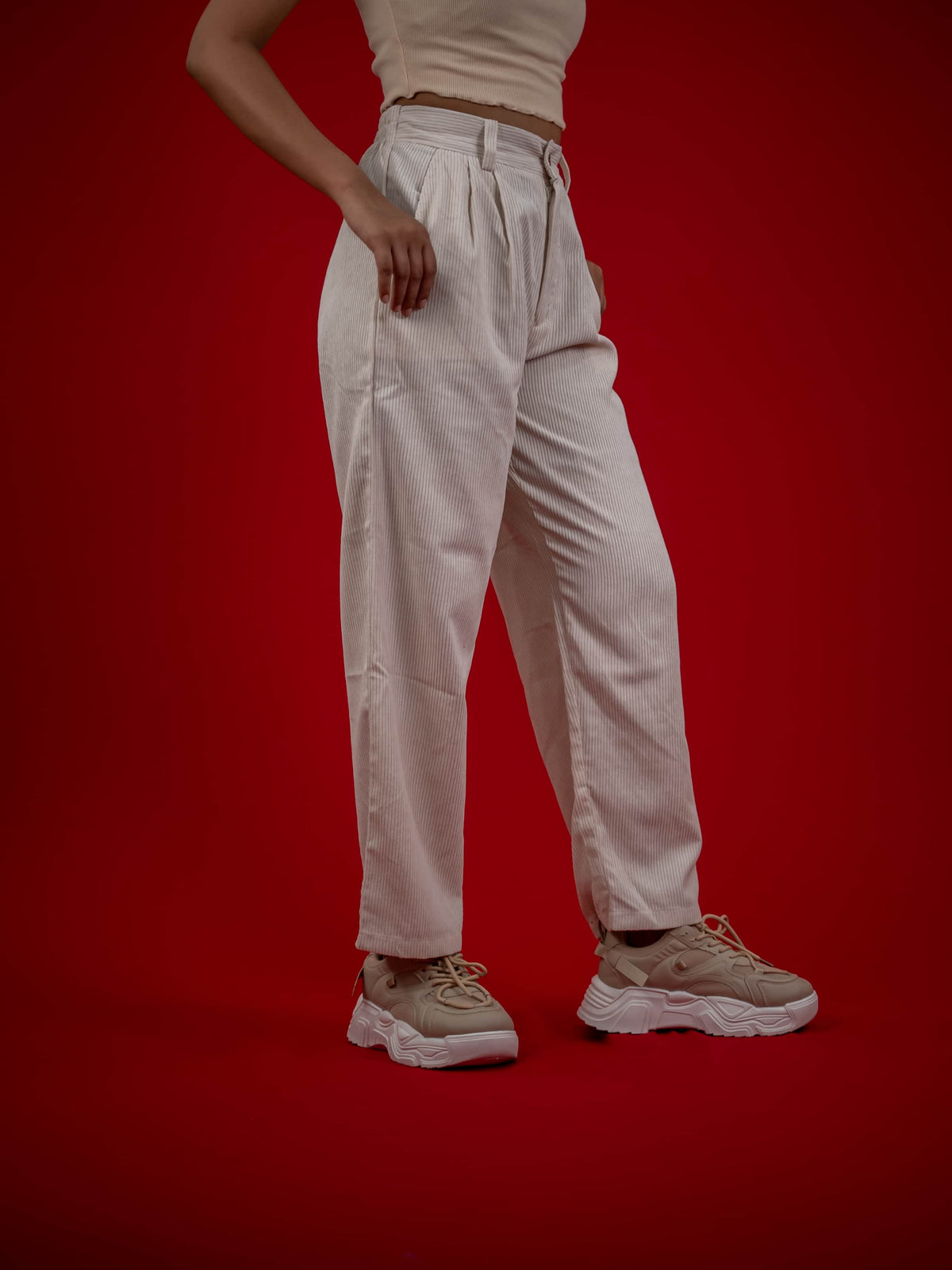 Women Corduroy Pant With Pleat and Side Pocket, Cream corduroy pant for women