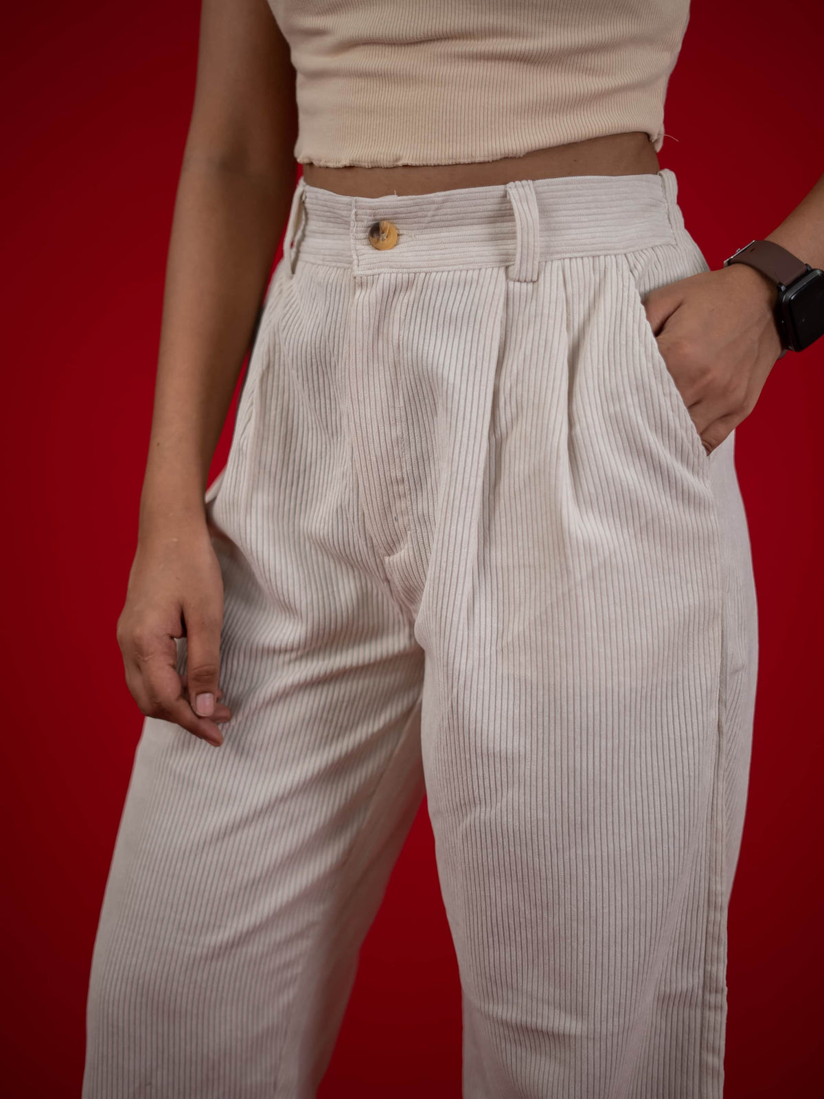 Women Corduroy Pant With Pleat and Side Pocket, Cream corduroy pant for women