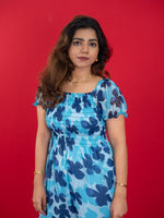 Floral Printed Casual Dress For Women (Half-Sleeve), blue dress with floral print