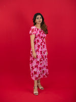 Floral Printed Casual Dress For Women (Half-Sleeve), pink dress with floral print