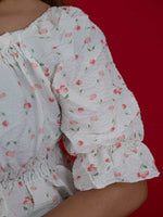 Women's Floral Smocking Waist Half Sleeve White Top, white floral print crop top for women