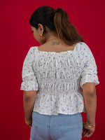 Women's Floral Smocking Waist Half Sleeve White Top, white floral print crop top for women