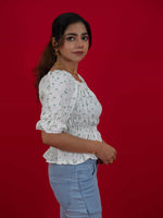 Women's Floral Smocking Waist Half Sleeve White Top, white floral print crop top for women