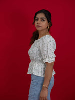 Women's Floral Smocking Waist Half Sleeve White Top, white floral print crop top for women