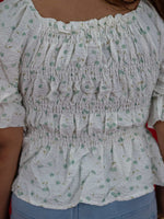 Women's Floral Smocking Waist Half Sleeve White Top, white floral print crop top for women