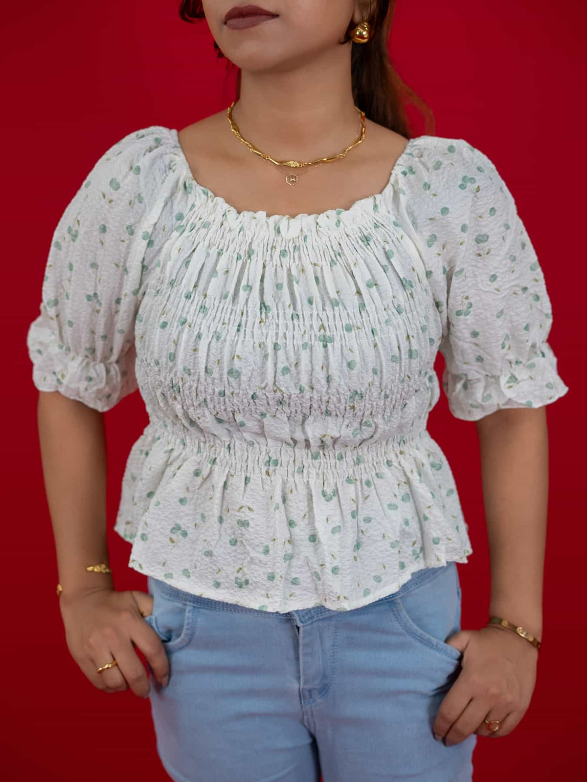 Women's Floral Smocking Waist Half Sleeve White Top, white floral print crop top for women