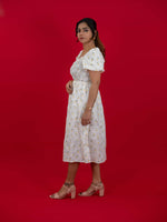 Floral Print White Dress With Square Neck & Puff Sleeves, hakoba dress for women