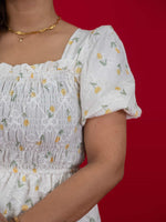 Floral Print White Dress With Square Neck & Puff Sleeves, hakoba dress for women