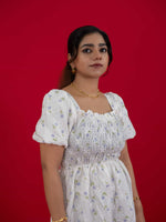 Floral Print White Dress With Square Neck & Puff Sleeves, hakoba dress for women