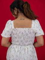 Floral Print White Dress With Square Neck & Puff Sleeves, hakoba dress for women