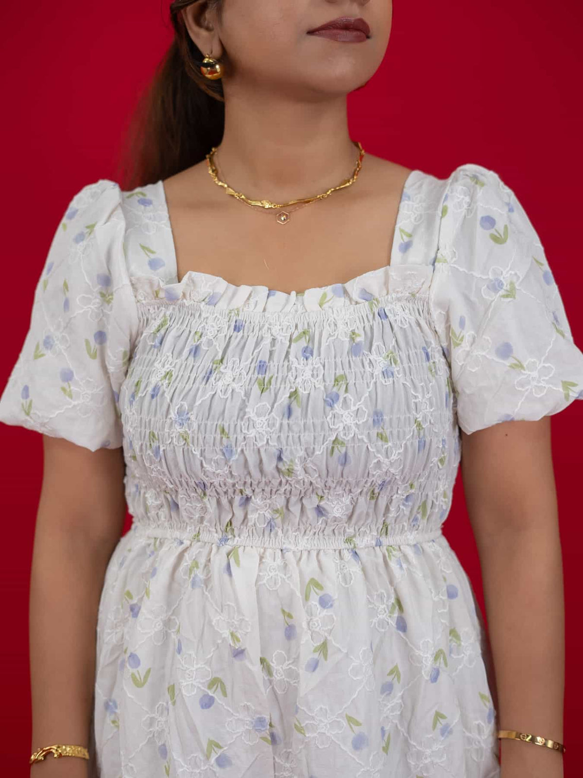 Floral Print White Dress With Square Neck & Puff Sleeves, hakoba dress for women