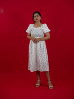 Floral Print White Dress With Square Neck & Puff Sleeves, hakoba dress for women
