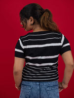 Hollow Crochet Knitwear T-Shirt With Stripes For Women, women striped T Shirt black and white