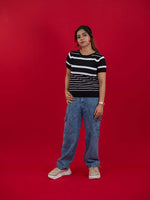 Hollow Crochet Knitwear T-Shirt With Stripes For Women, women striped T Shirt black and white