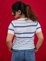 Hollow Crochet Knitwear T-Shirt With Stripes For Women, women striped T Shirt white and blue