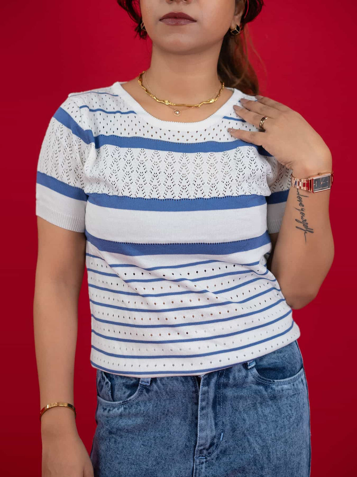 Hollow Crochet Knitwear T-Shirt With Stripes For Women, women striped T Shirt white and blue