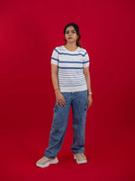 Hollow Crochet Knitwear T-Shirt With Stripes For Women, women striped T Shirt white and blue