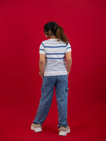 Hollow Crochet Knitwear T-Shirt With Stripes For Women, women striped T Shirt white and blue