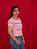 Hollow Crochet Knitwear T-Shirt With Stripes For Women, women striped T Shirt pink