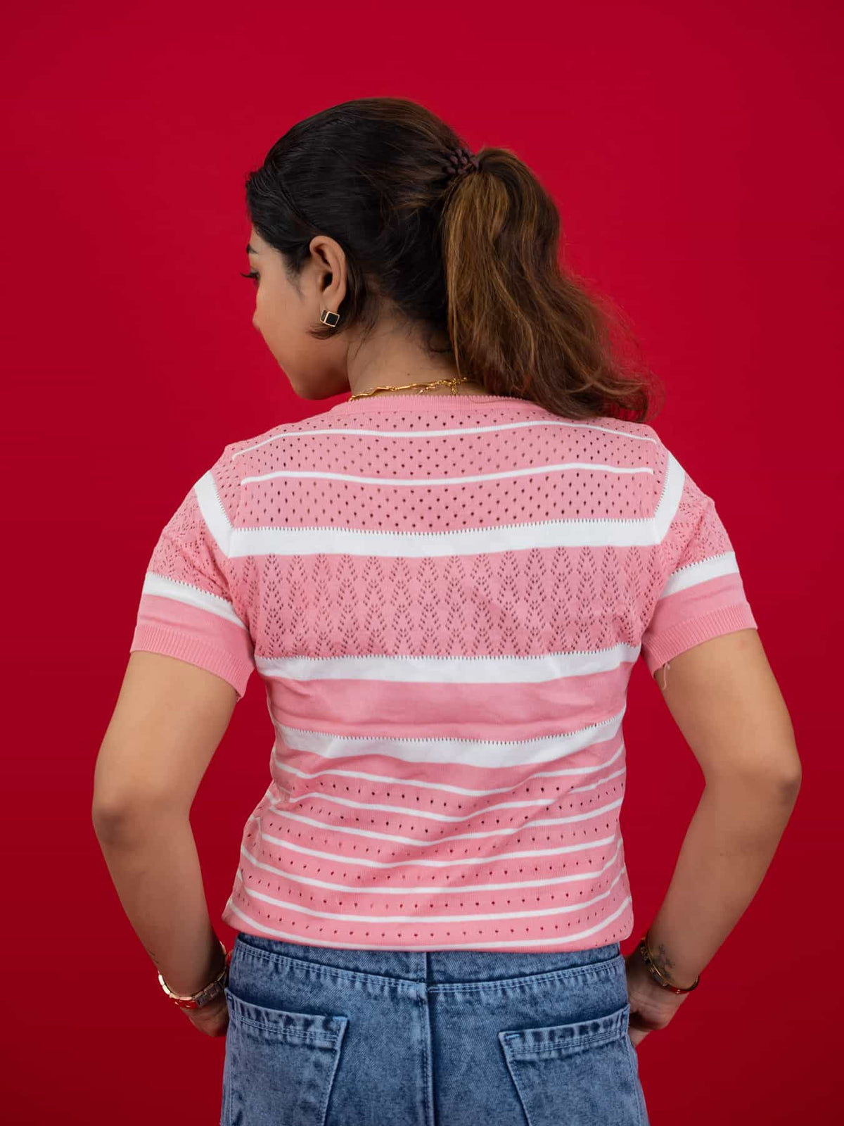 Hollow Crochet Knitwear T-Shirt With Stripes For Women, women striped T Shirt pink