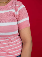 Hollow Crochet Knitwear T-Shirt With Stripes For Women, women striped T Shirt pink