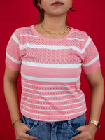 Hollow Crochet Knitwear T-Shirt With Stripes For Women, women striped T Shirt pink