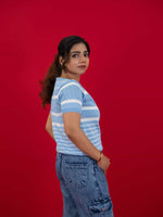 Hollow Crochet Knitwear T-Shirt With Stripes For Women, women striped T Shirt blue