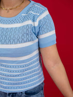 Hollow Crochet Knitwear T-Shirt With Stripes For Women, women striped T Shirt blue