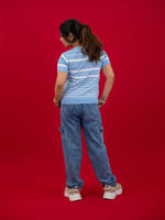 Hollow Crochet Knitwear T-Shirt With Stripes For Women, women striped T Shirt blue