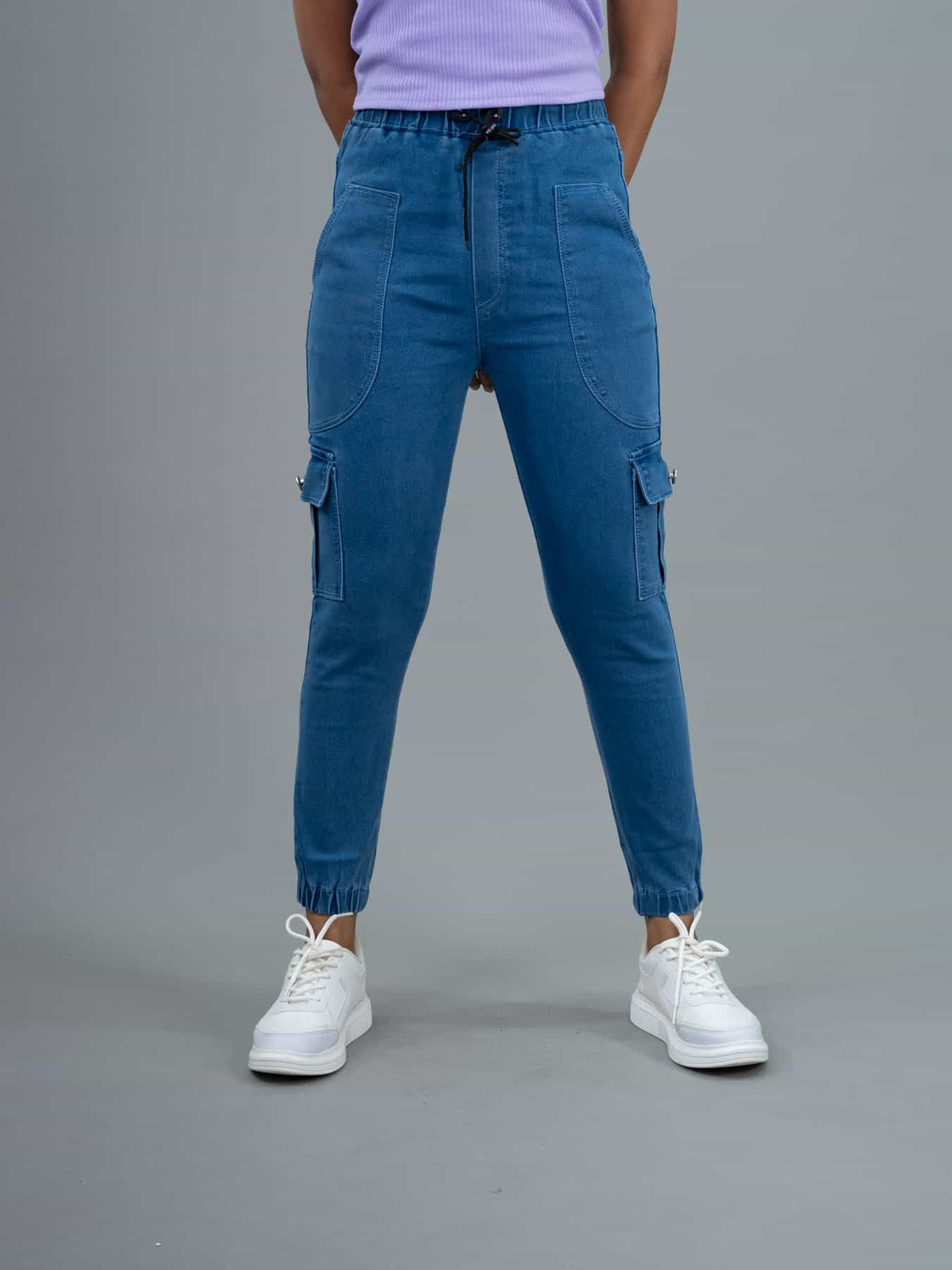 Women Jogger Fit Mid Waist Cargo Blue Jeans, jogger for women