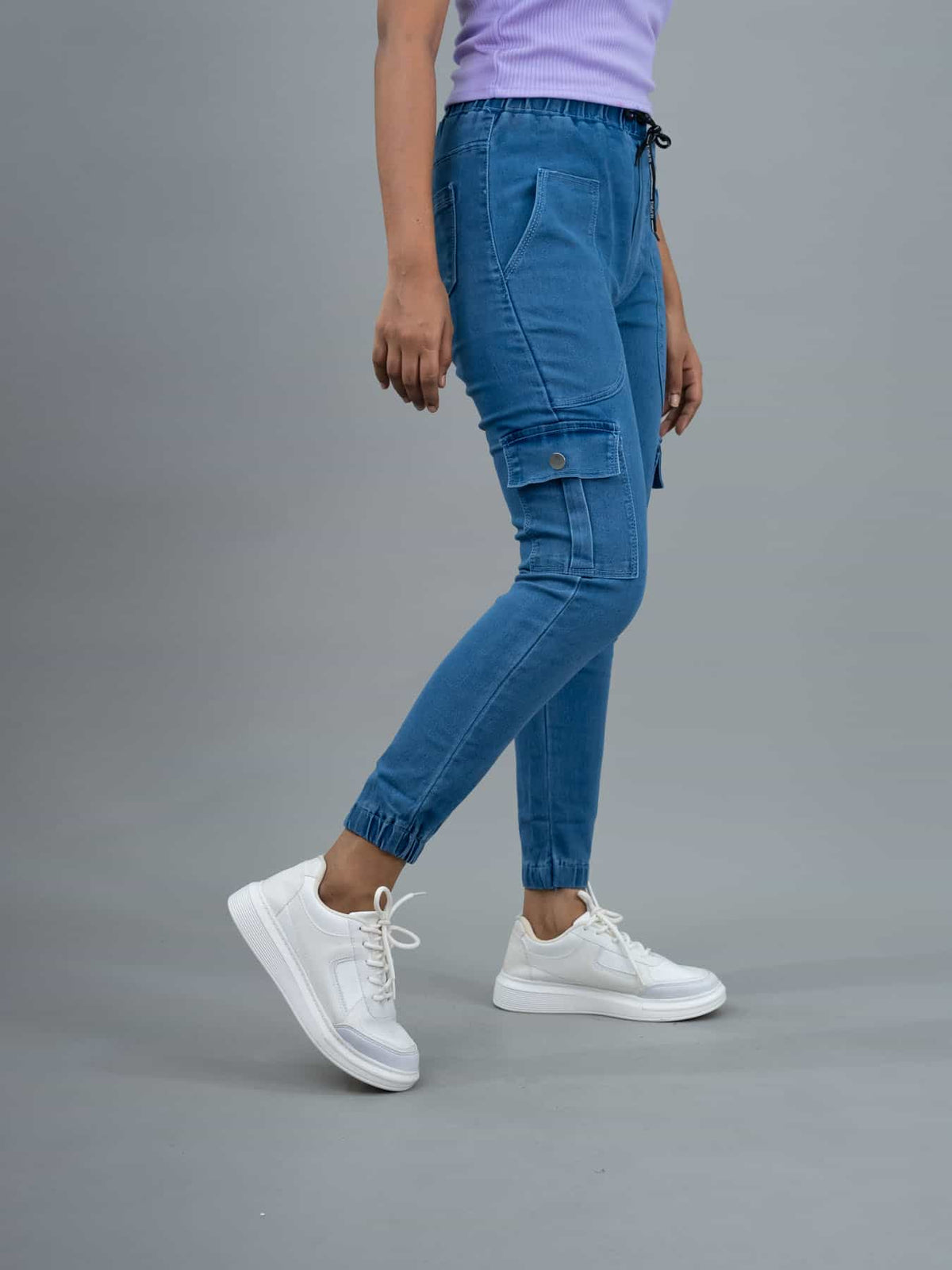 Women Jogger Fit Mid Waist Cargo Blue Jeans, jogger for women