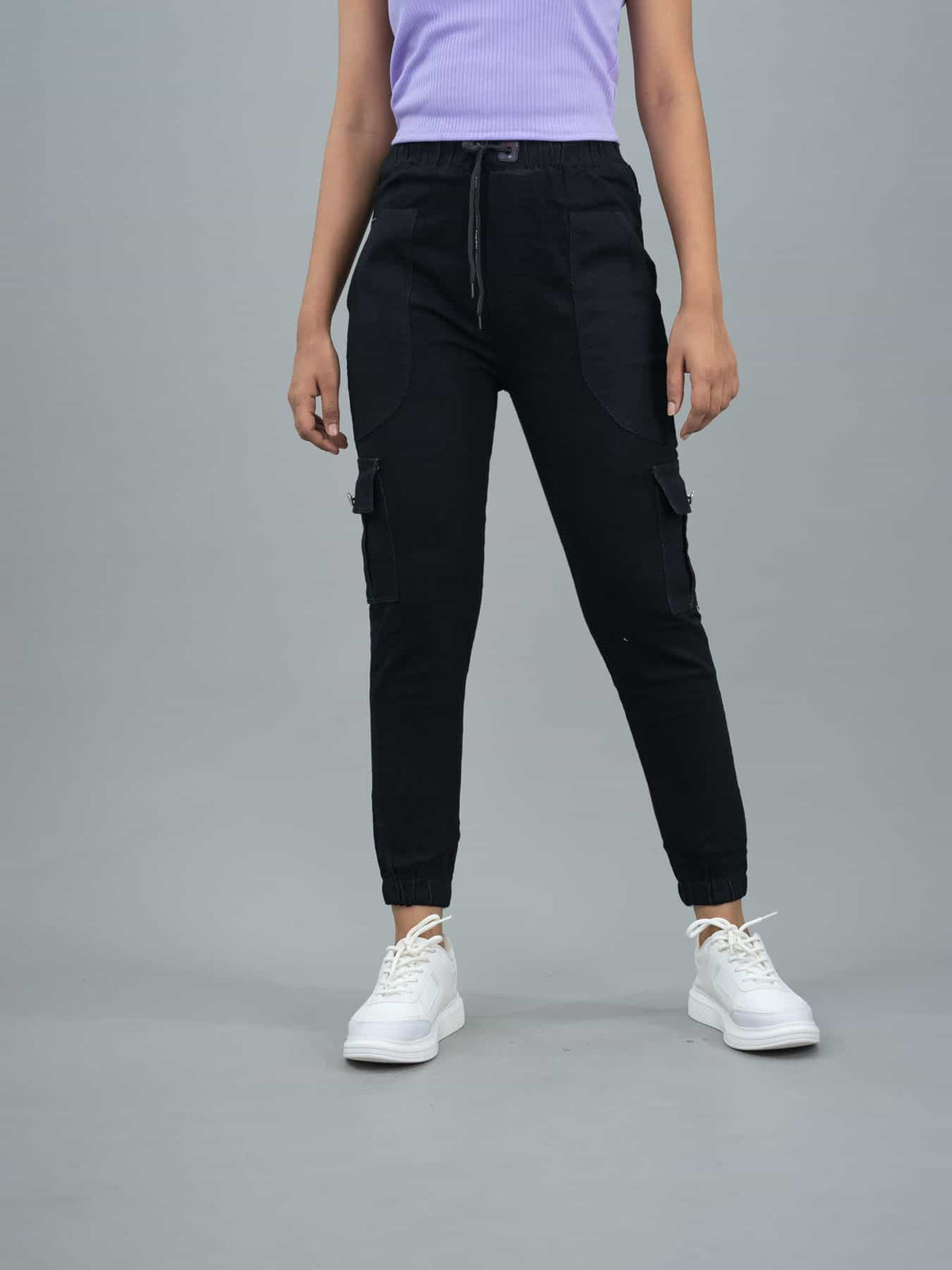 Women Jogger Fit Mid Waist Cargo Black Jeans, jogger for women