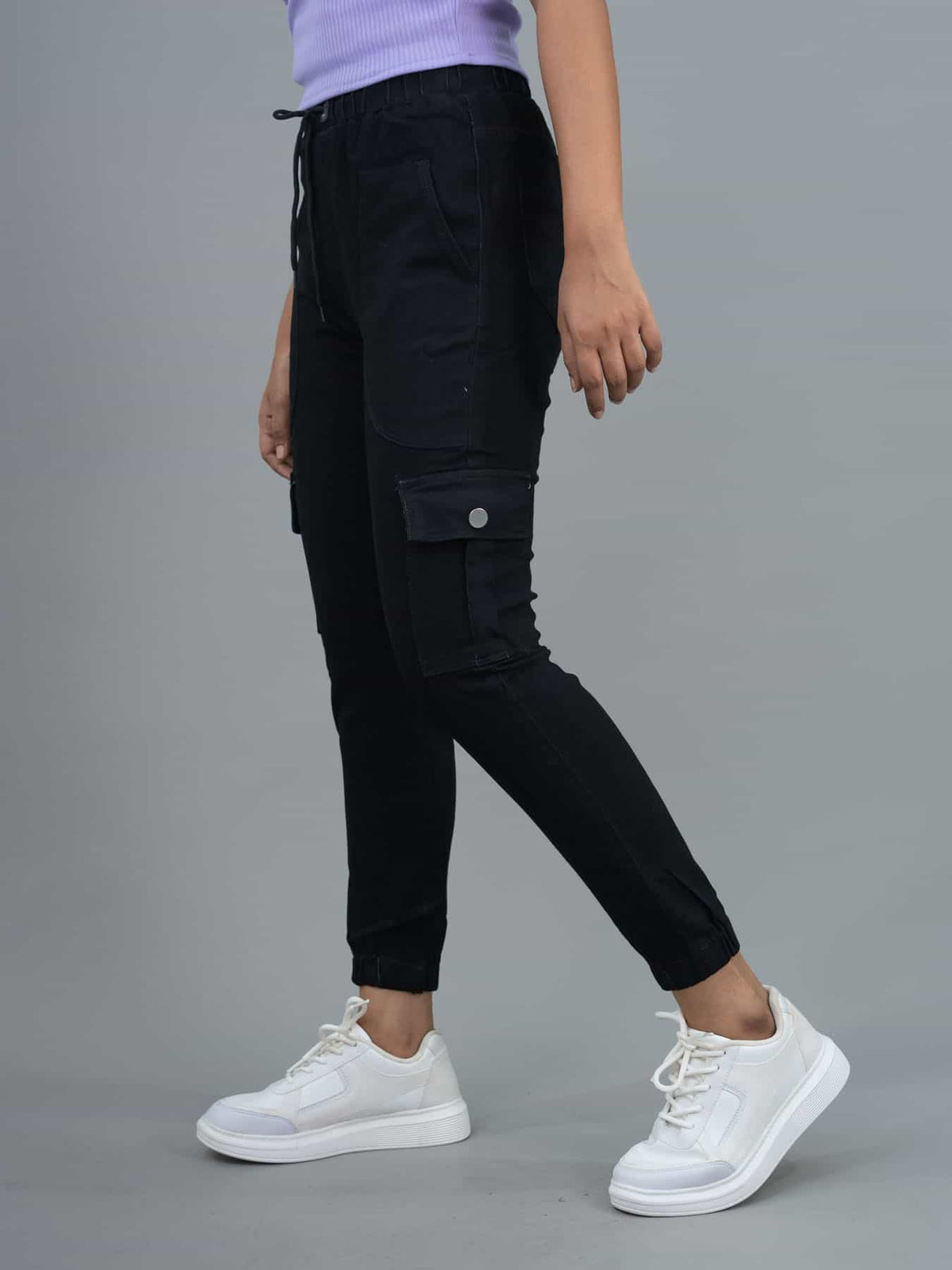 Women Jogger Fit Mid Waist Cargo Black Jeans, jogger for women